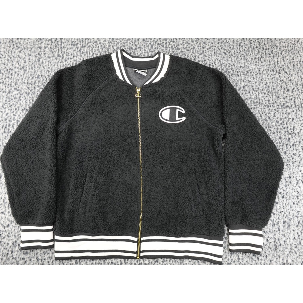 Champion Sherpa Fleece Bomber Jacket Mens Large Black Varsity Logo Full Zip